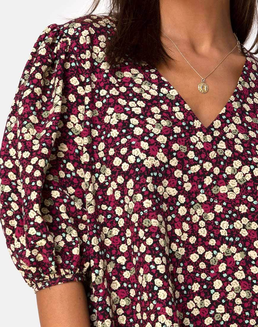 Afbeelding van Elna Babydoll Jurk in Bloemenveld Plum