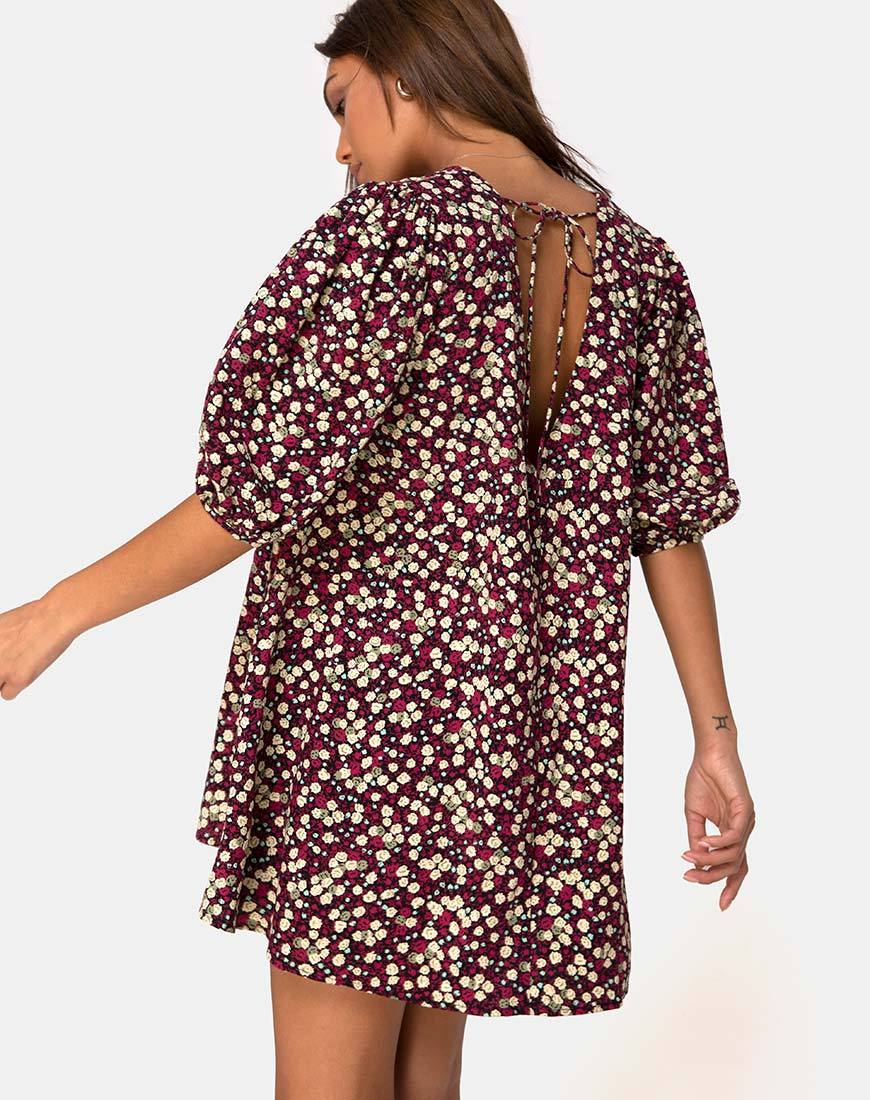 Elna Babydoll Jurk in Bloemig Veld Plum