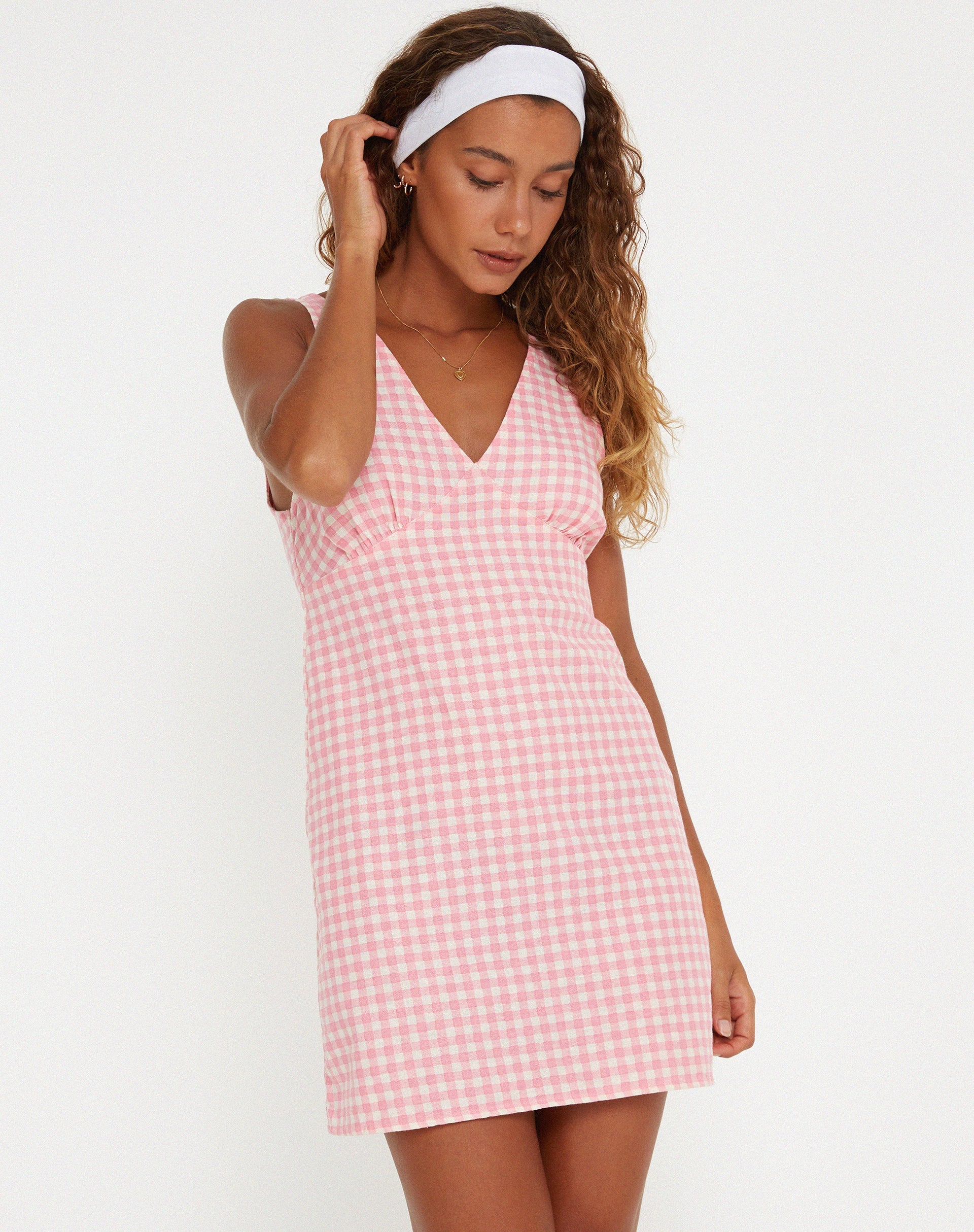 Afbeelding van Eluned Mini Dress in Gingham Pink