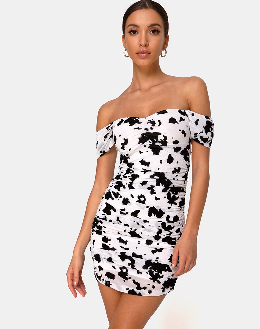 Afbeelding van Ennete Off The Shoulder Jurk in Flock Dalmatiër Zwart Wit
