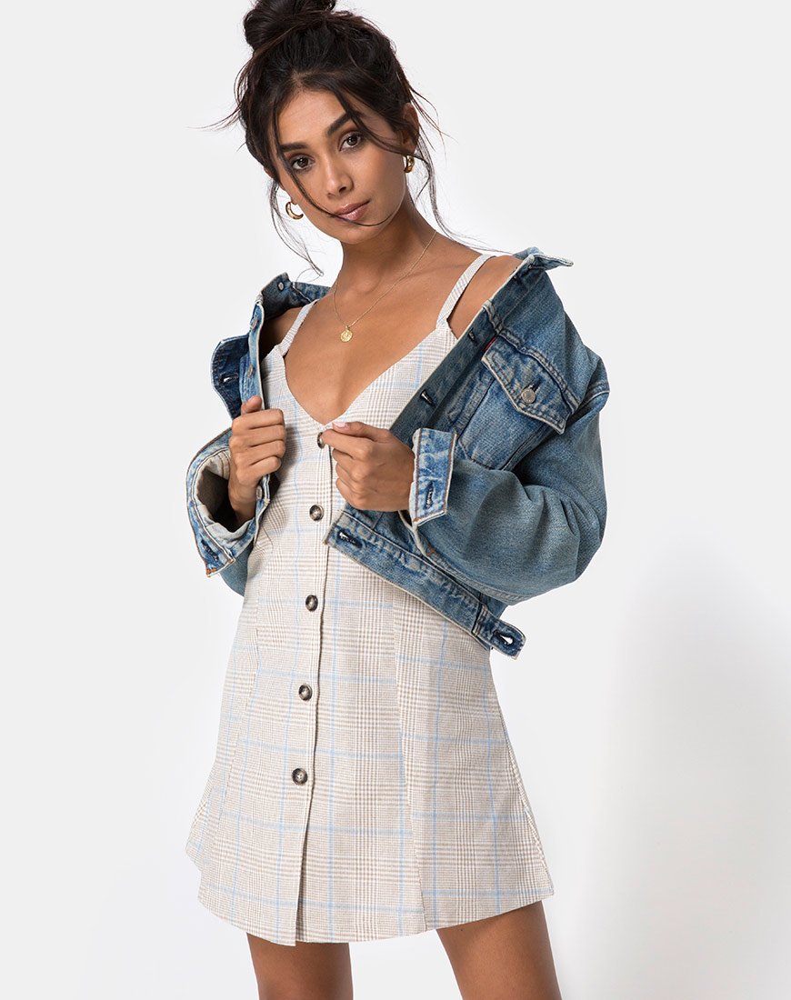 Esana Slip Dress in ton-sur-ton geruite Amandel