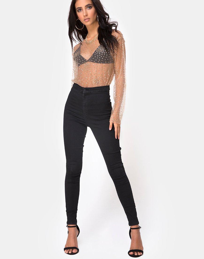 Afbeelding van Ether Longsleeve Top in Goudglitter op Net Tan