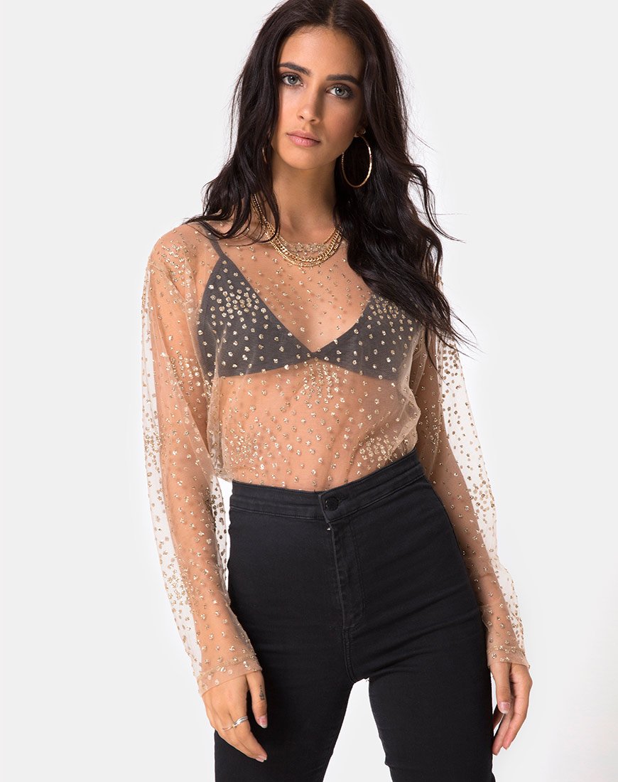 Ether longsleeve top in goudglitter op net-tan