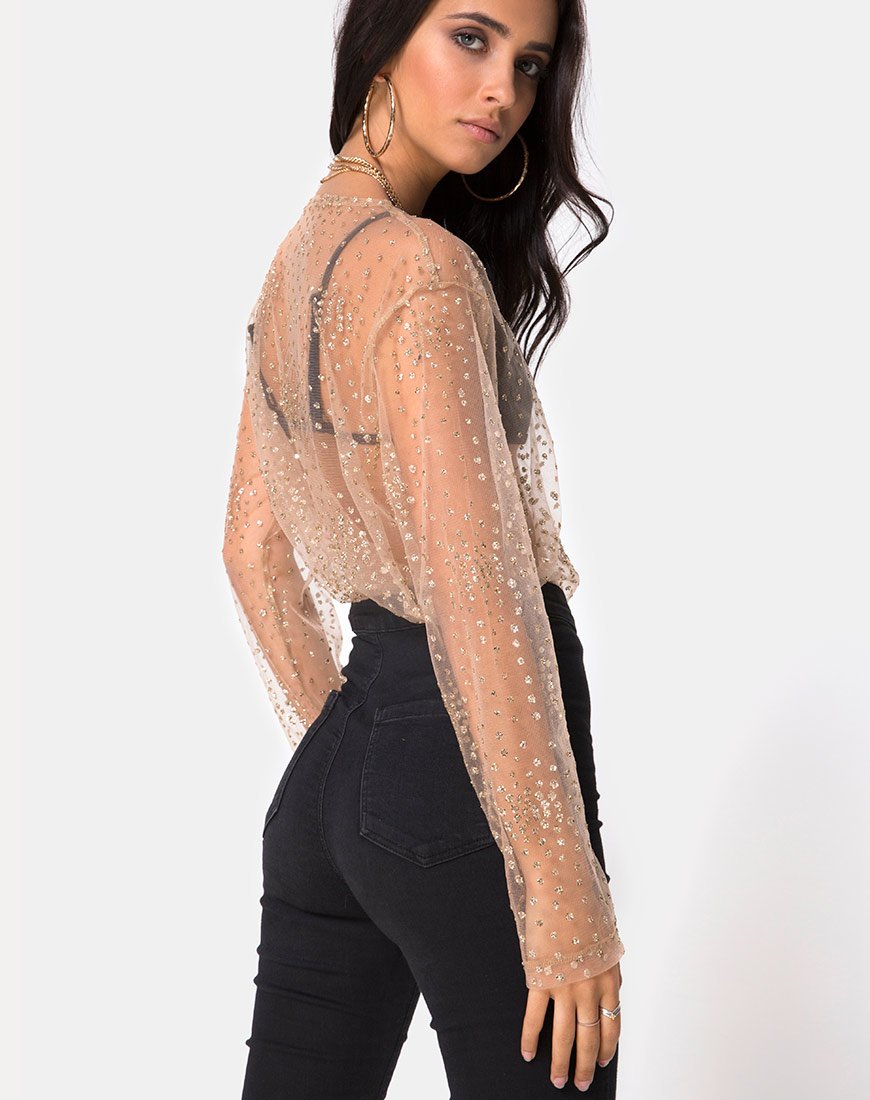 Ether longsleeve top in goudglitter op net-tan