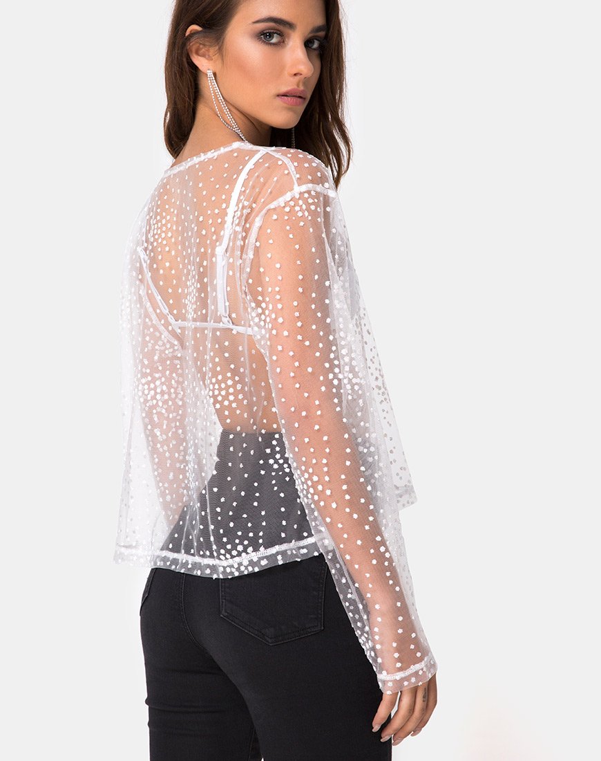 Ether longsleeve top in wit glitter op netwit