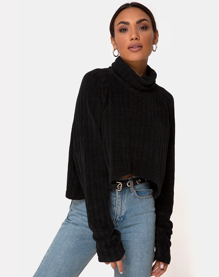 Evie Cropped Sweatshirt in Chenille Zwart
