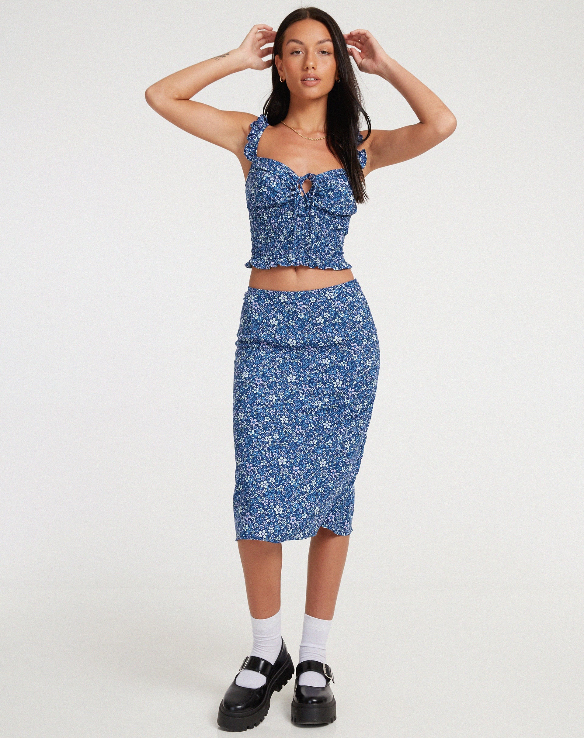 Afbeelding van Harriet Midi rok in Retro Bloemig Blauw