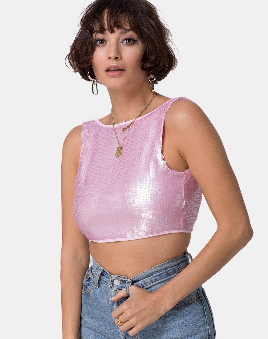 Faith Crop Top in Roze Tint Pailletten