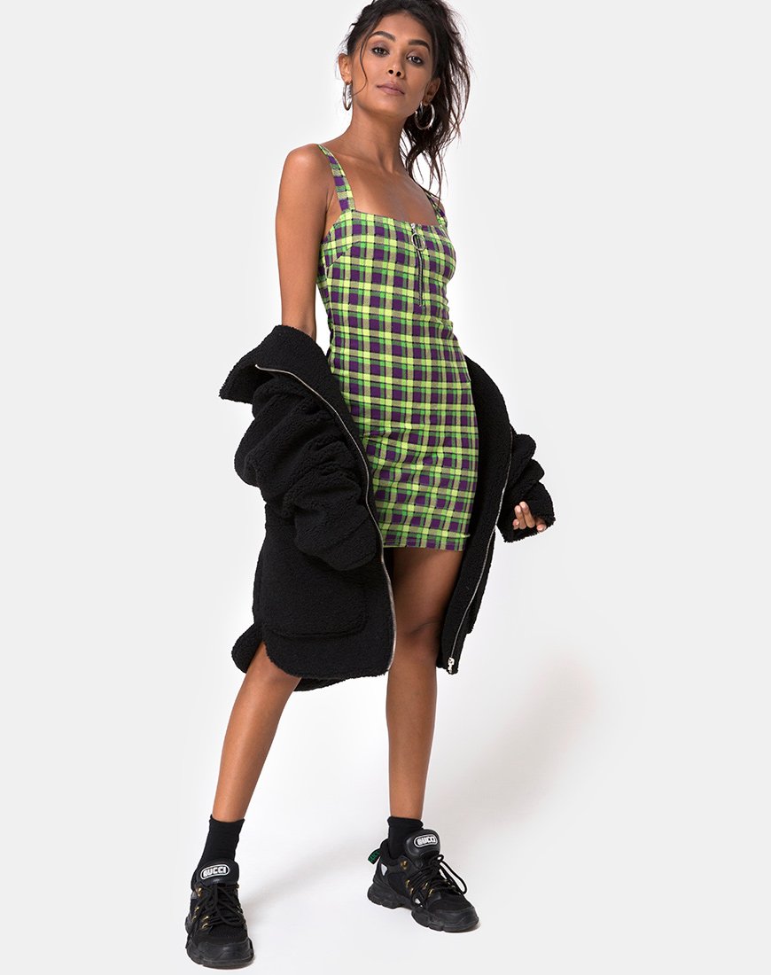 Afbeelding van Farzi Bodycon Jurk in Groen en Paars Ruitje