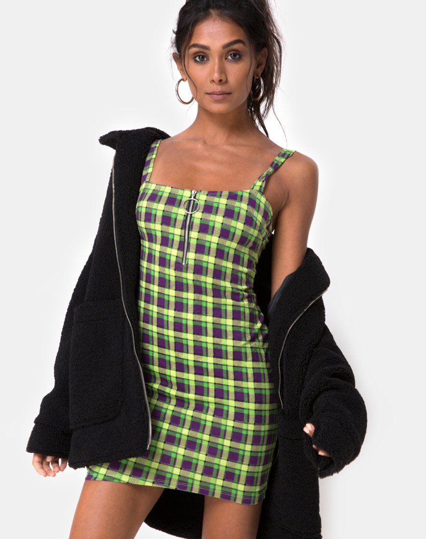Farzi Bodycon Jurk in Groen en Paars Ruitje
