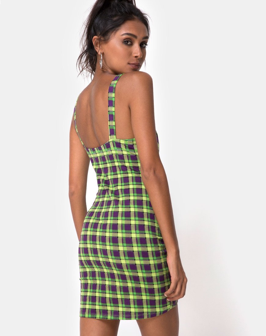 Afbeelding van Farzi Bodycon Jurk in Groen en Paars Ruitje