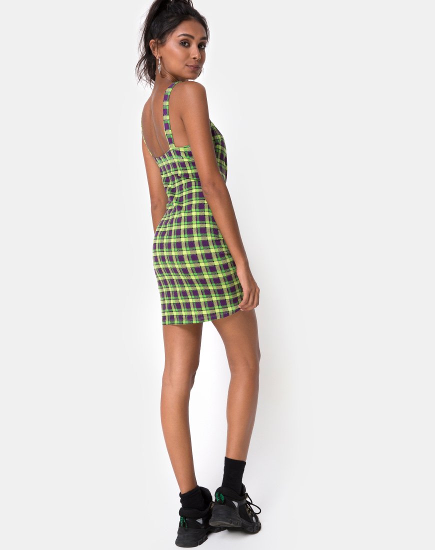 Afbeelding van Farzi Bodycon Jurk in Groen en Paars Ruitje