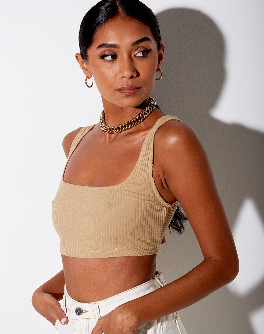 Adela Gewatteerde Top in Rib Camel