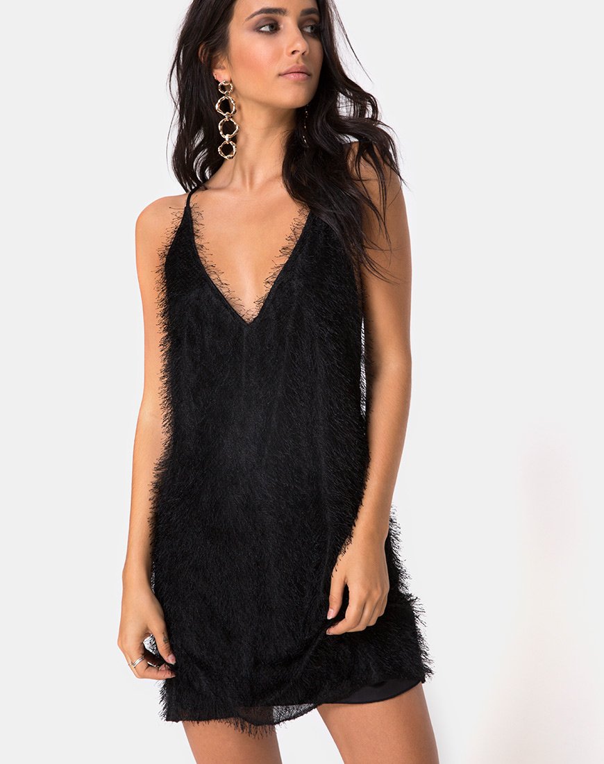 Finn Slip Jurk in Franje Zwart