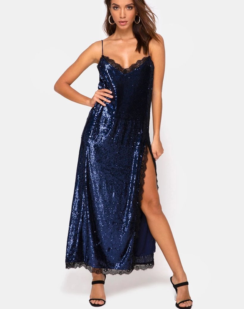 Fitilia Maxi Dress in Midnight Mini Sequin met Zwart Kant
