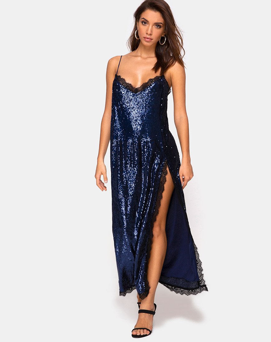 Afbeelding van Fitilia Maxi Dress in Midnight Mini Sequin met Zwart Kant