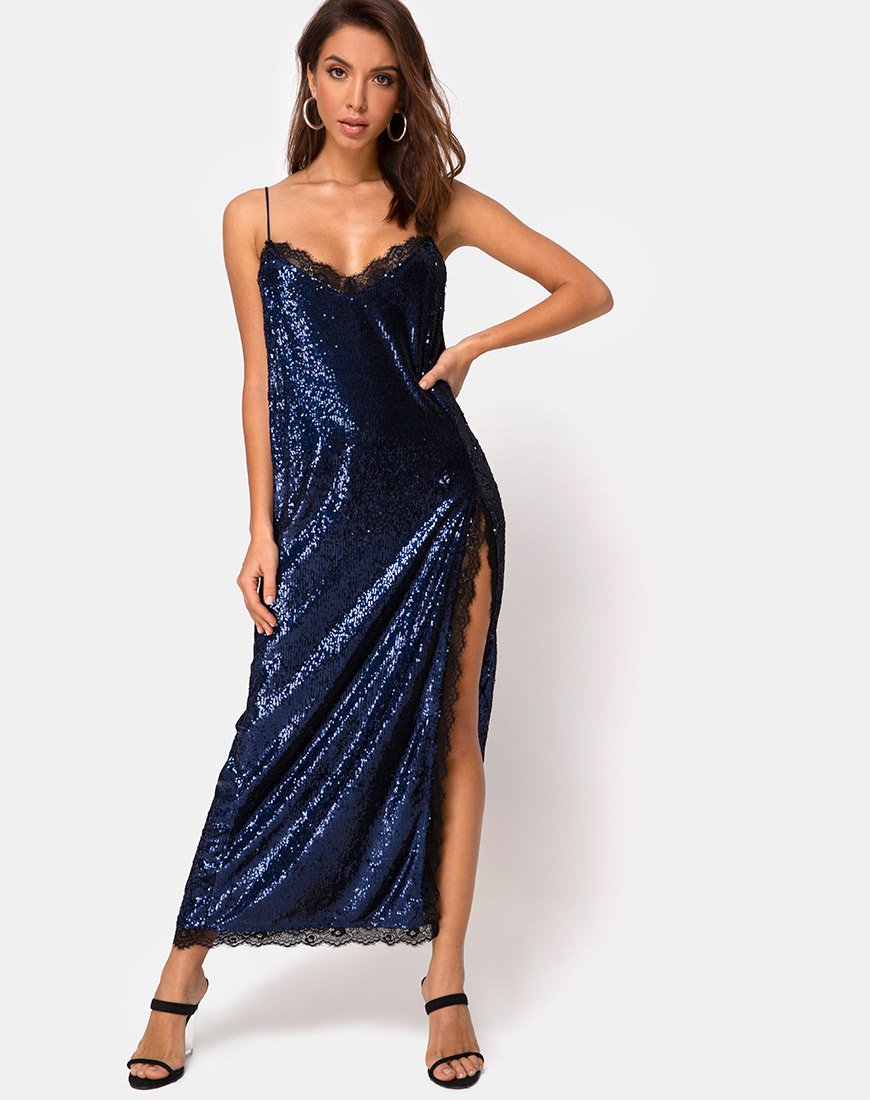 Afbeelding van Fitilia Maxi Dress in Midnight Mini Sequin met Zwart Kant