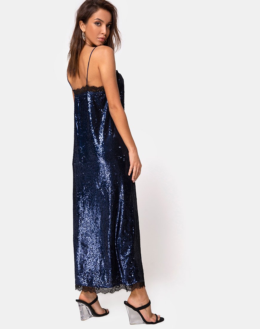 Fitilia Maxi Dress in Midnight Mini Sequin met Zwart Kant
