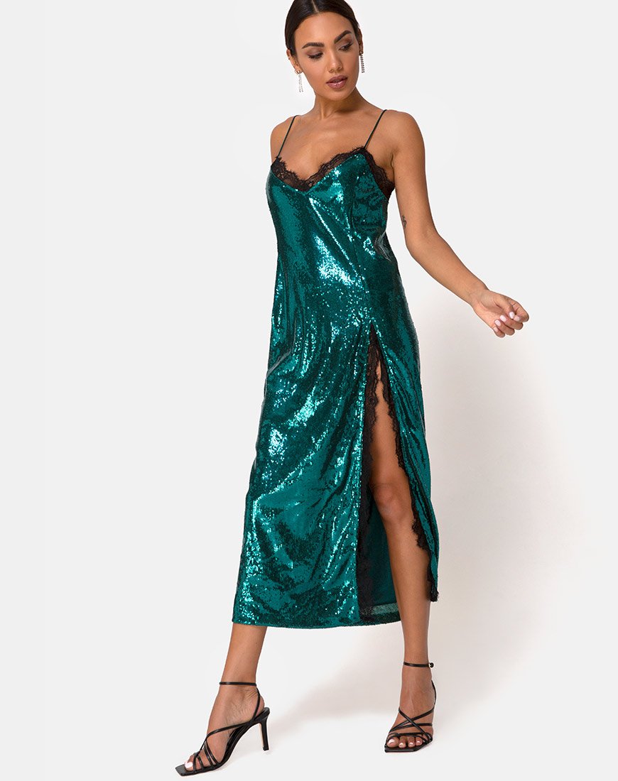 Fitilia Jurk in Teal Mini Pailletten met Zwart Kant