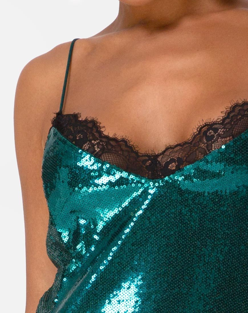 Afbeelding van Fitilia Jurk in Teal Mini Pailletten met Zwart Kant