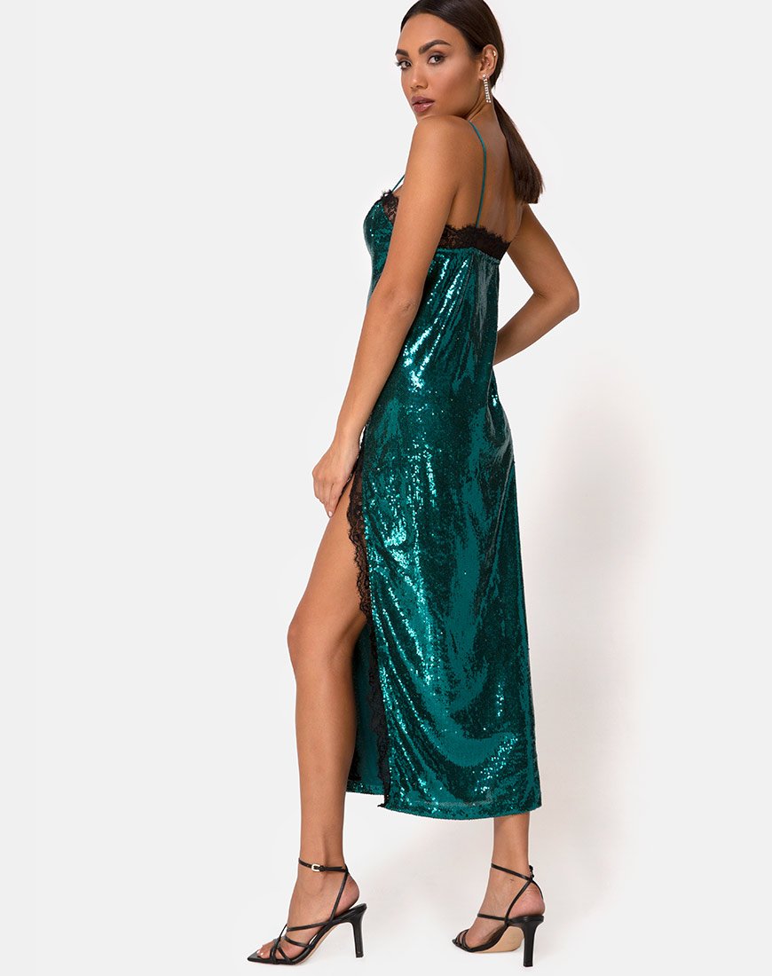 Fitilia Jurk in Teal Mini Pailletten met Zwart Kant