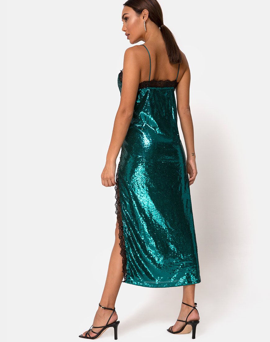 Afbeelding van Fitilia Jurk in Teal Mini Pailletten met Zwart Kant