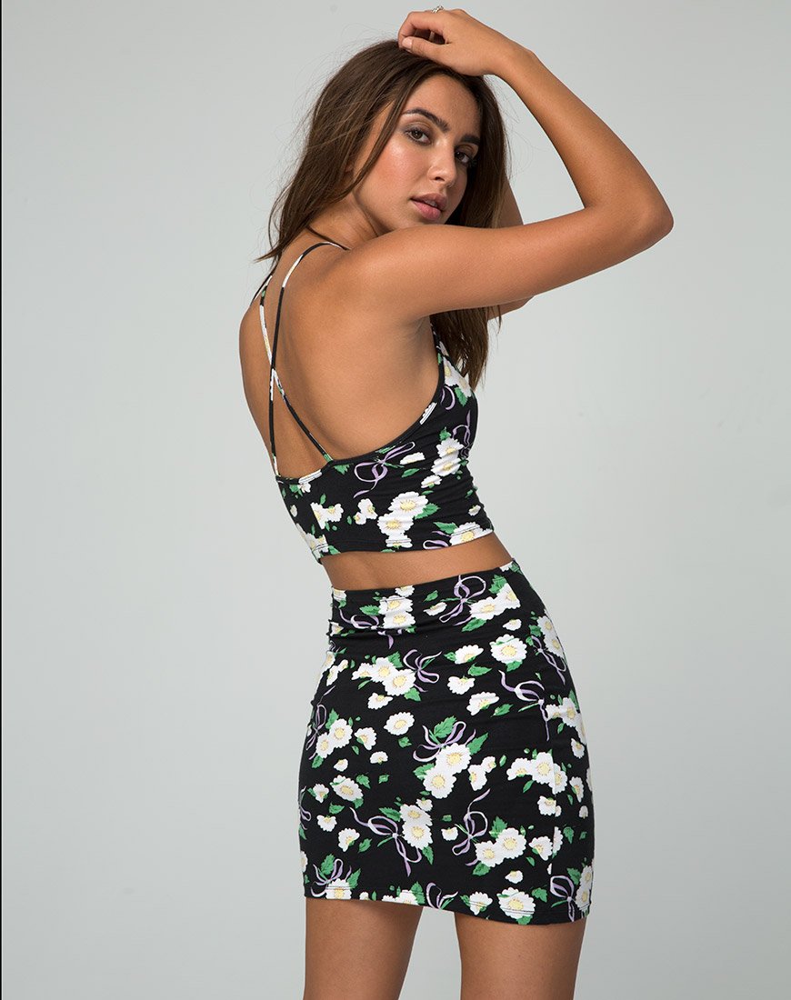 Kimmy Bodycon Rok in Daisy Ribbon Zwart