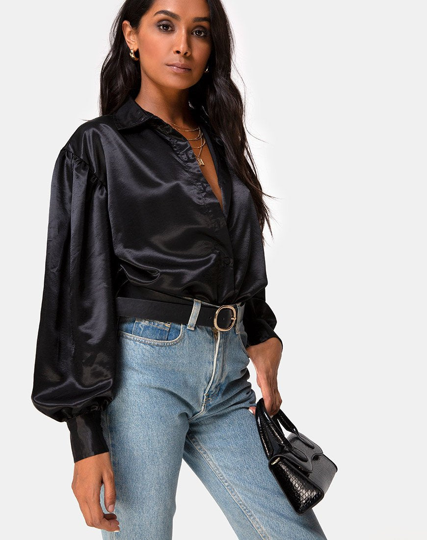 Frantic Blouse met Lange Mouwen in Satijn Zwart