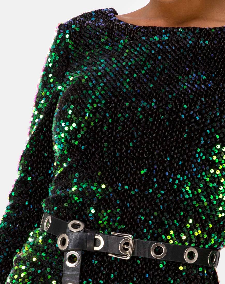 Afbeelding van MOTEL DELUXE Gabby Pailletten Plunge Back Jurk in Iridescent Groen
