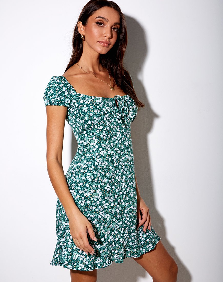Afbeelding van Galaca Mini Dress in Floral Field Green