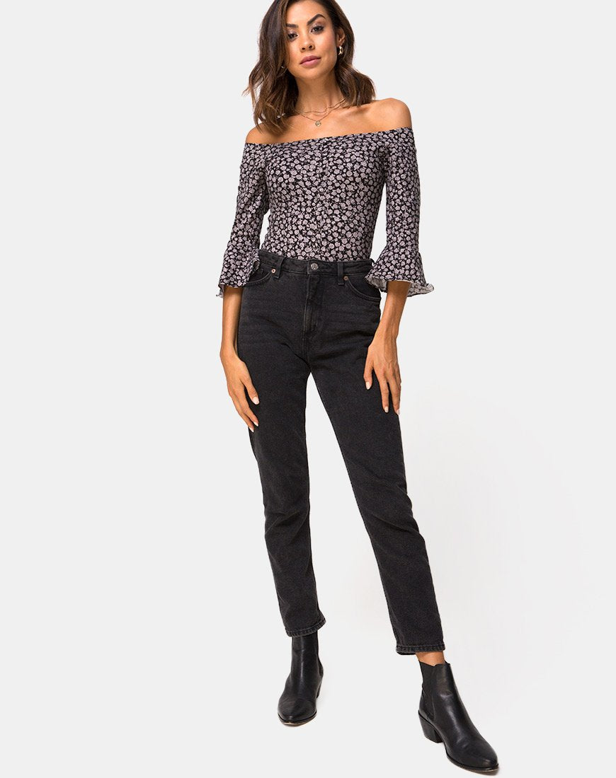 Afbeelding van Gaton Bardot Bodice in Ditsy Rose Zwart