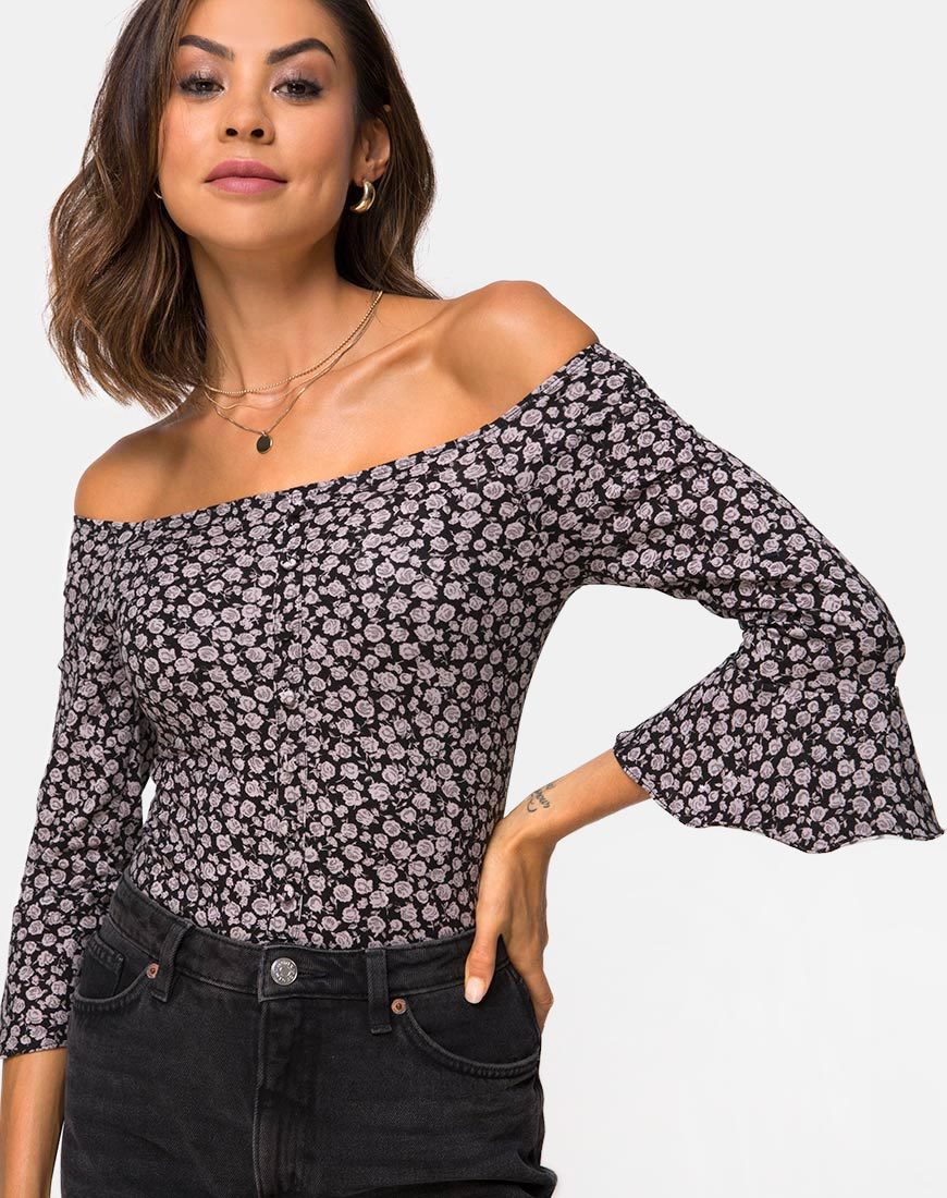 Afbeelding van Gaton Bardot Bodice in Ditsy Rose Zwart