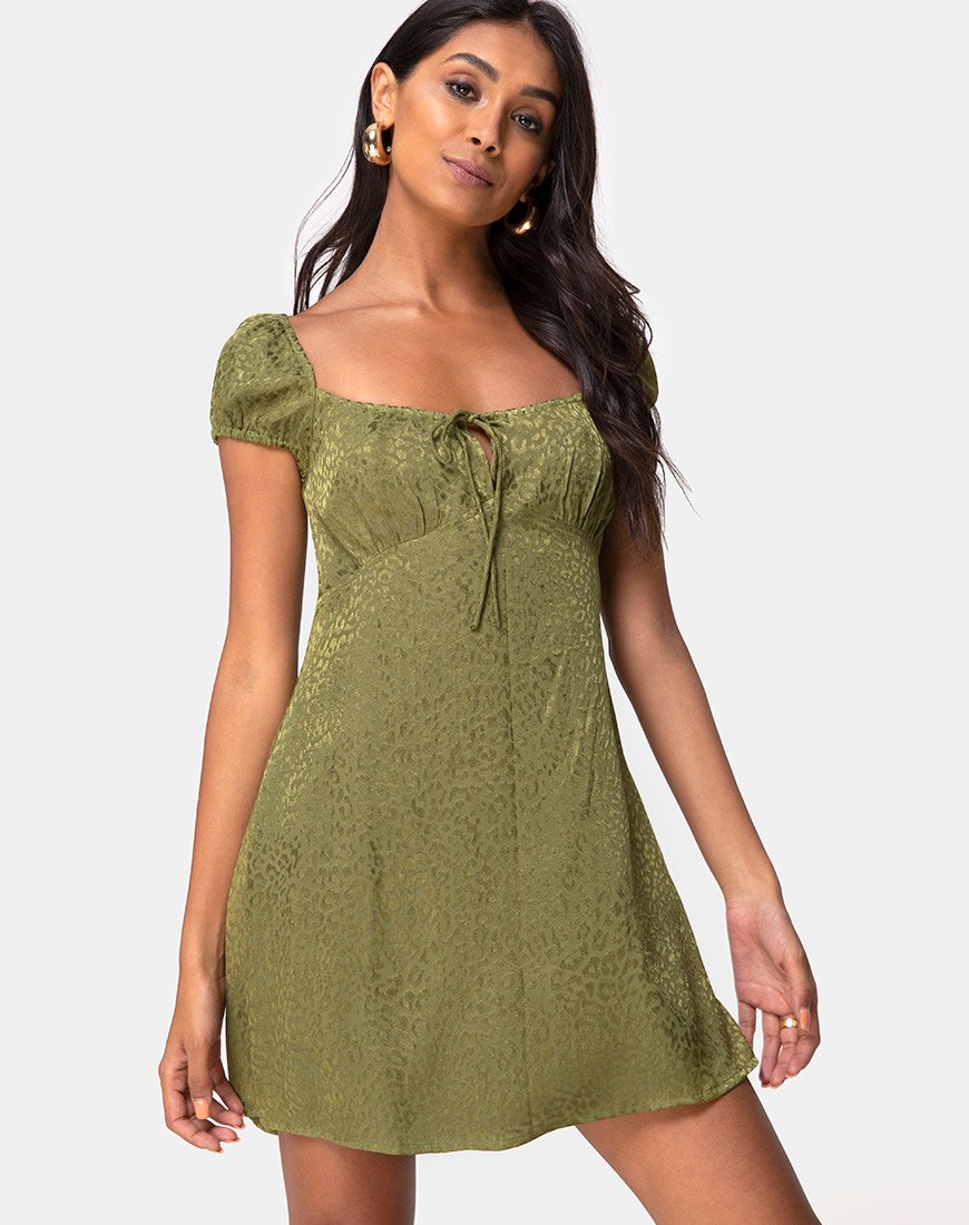 Gaval Mini Jurk in Satijn Cheetah Khaki