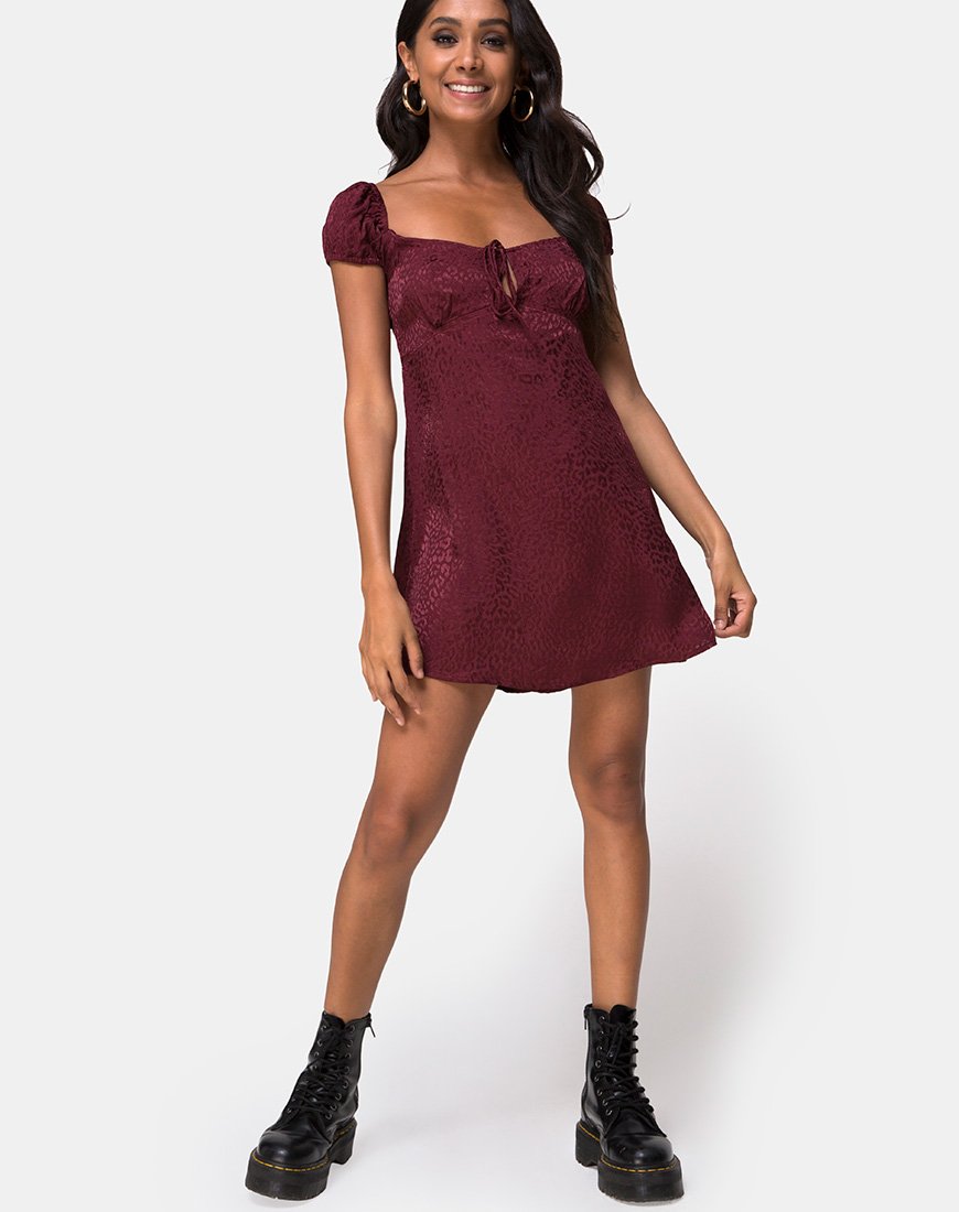 Afbeelding van Gaval Mini Dress in Satin Cheetah Burgundy