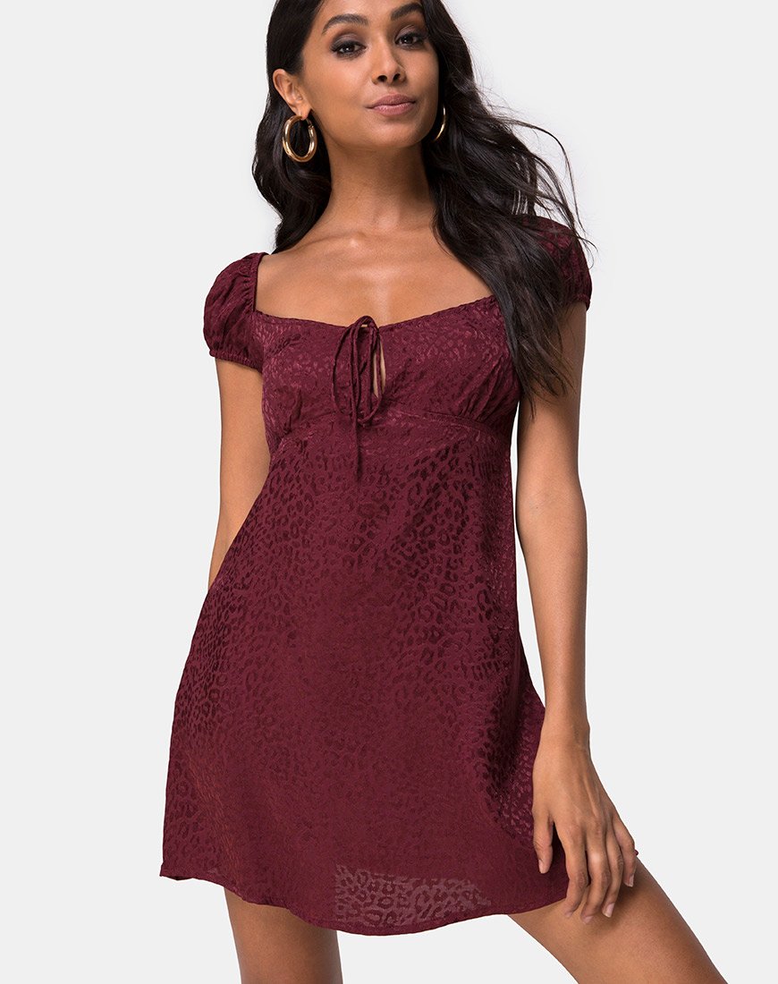 Afbeelding van Gaval Mini Dress in Satin Cheetah Burgundy