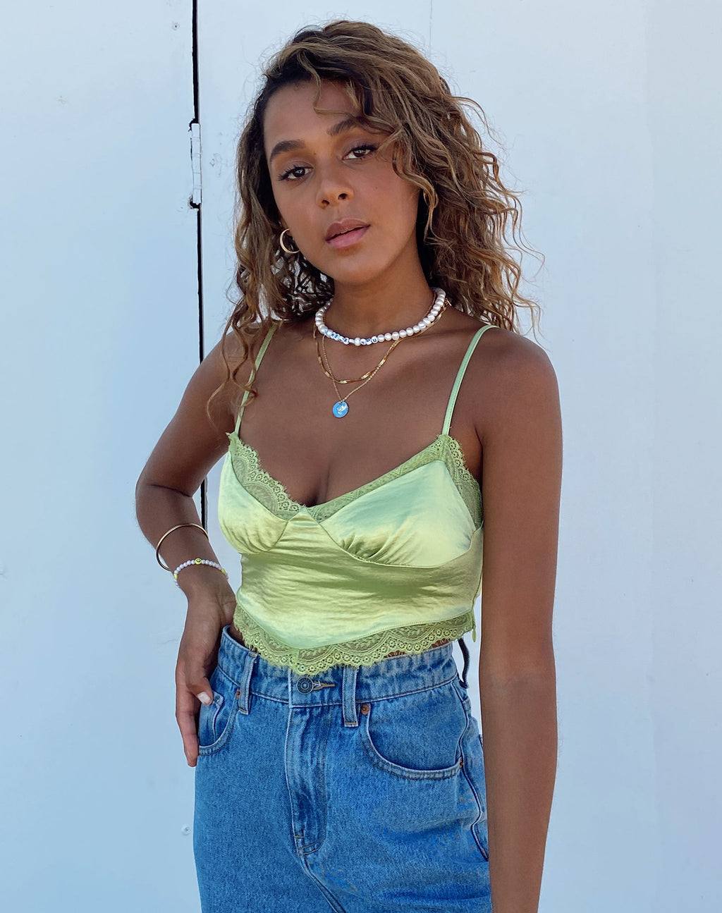 Gemlou Cami Top in Satijn Lime Green