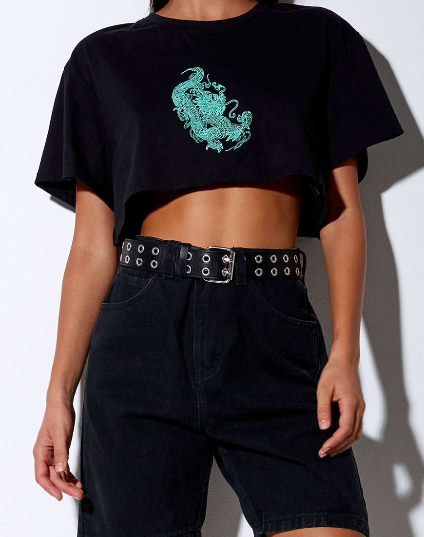 Georgi Cropped Tee in Zwart en Mint Draak Plaatsing