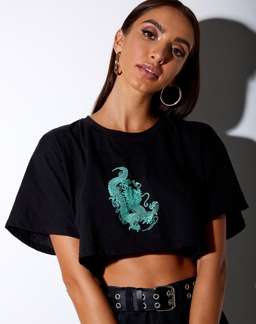 Afbeelding van Georgi Cropped Tee in Zwart en Mint Dragon Placement