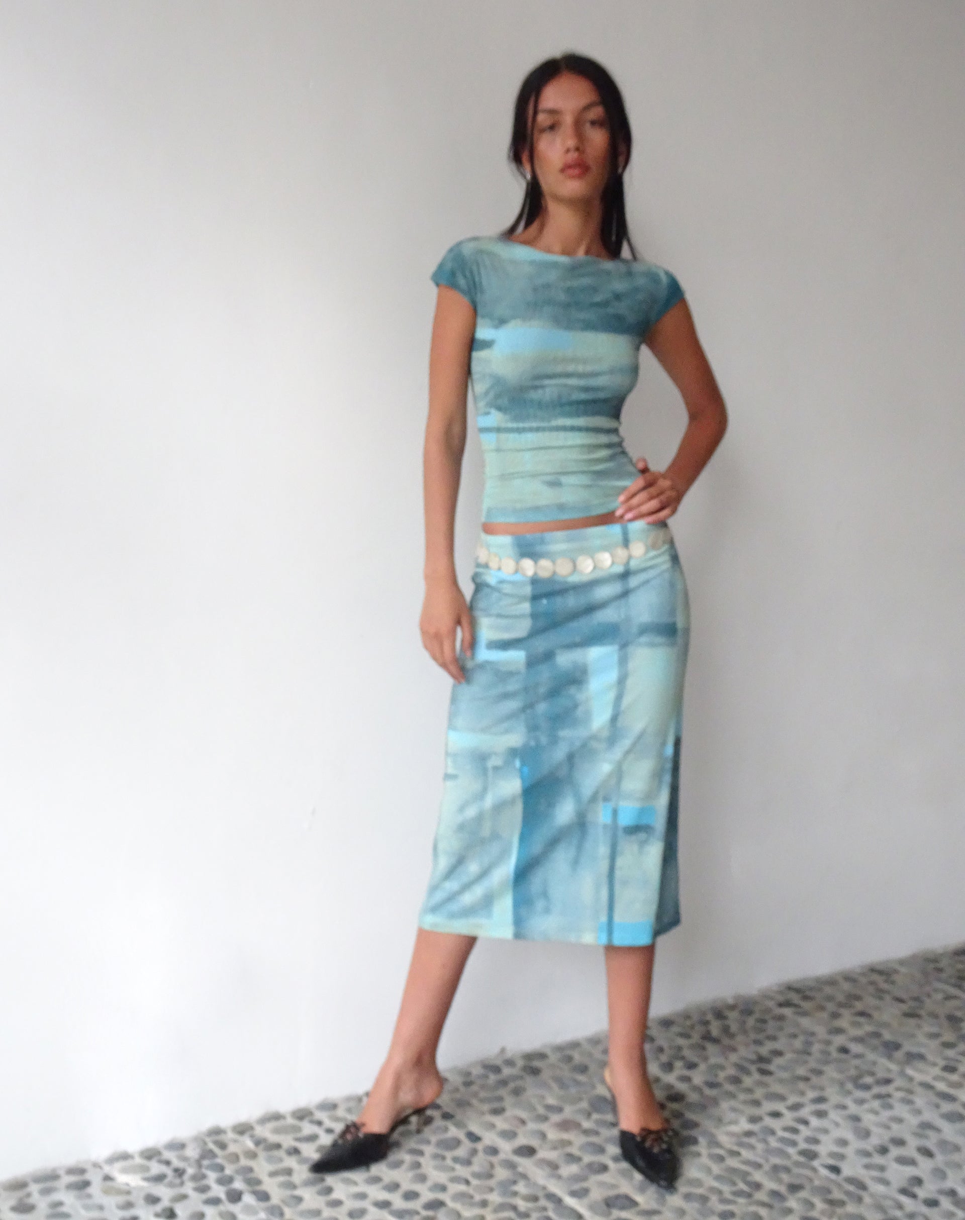 Afbeelding van MOTEL X JACQUIE Gia Midi Rok in Mesh Abstract Verfkwast Groen