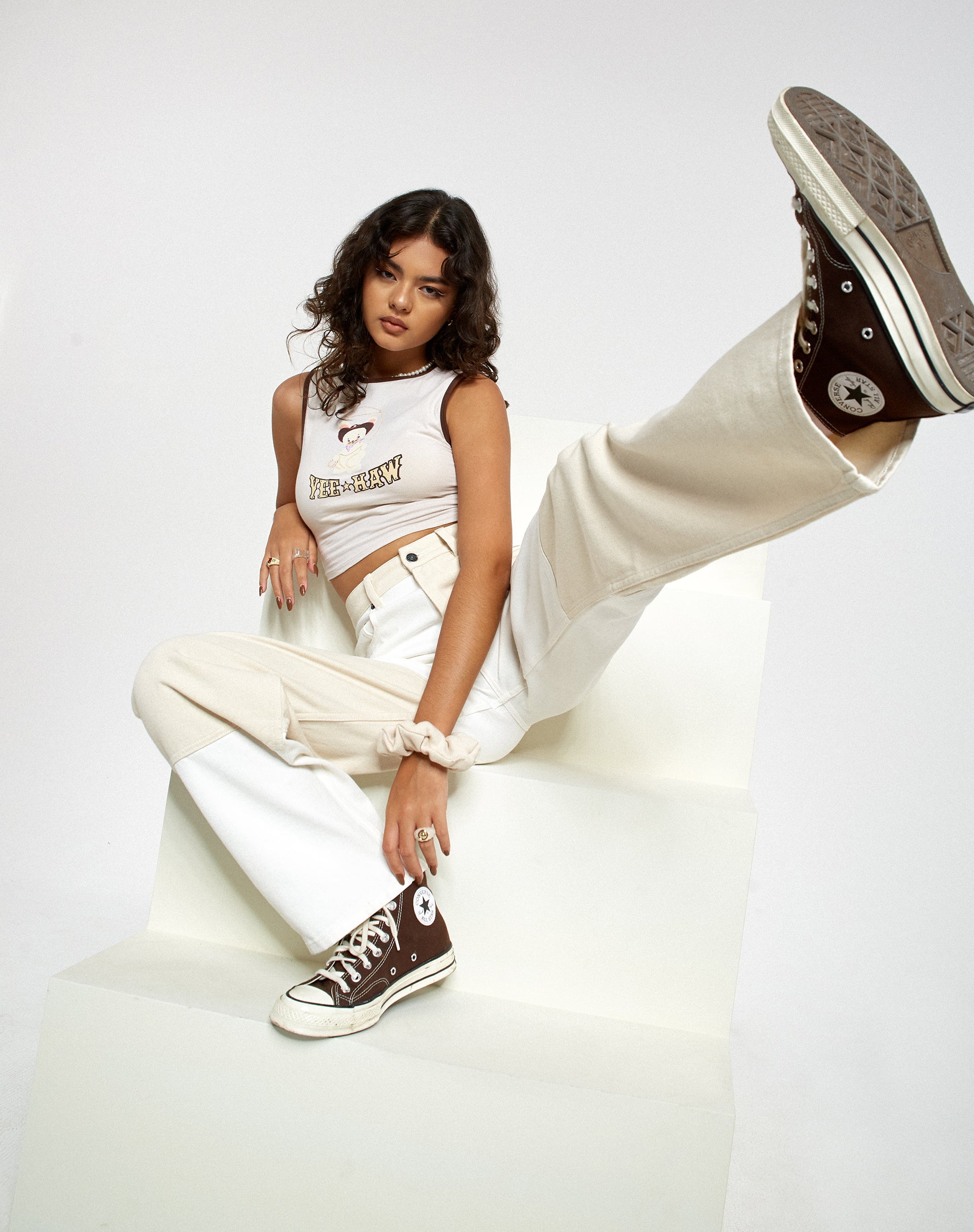 Afbeelding van Motel X Barbara Kristoffersen Tonal Panel Parallel Jeans in Wit en Ecru