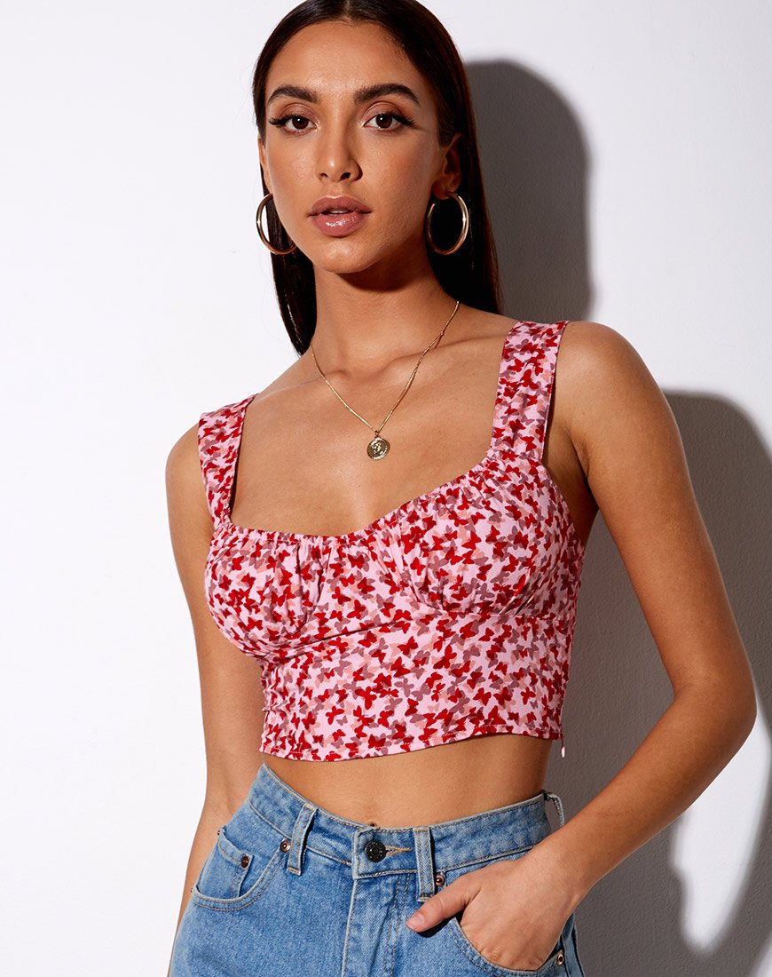 Afbeelding van Gladis Vest Crop Top in Ditsy Butterfly Peach en Red