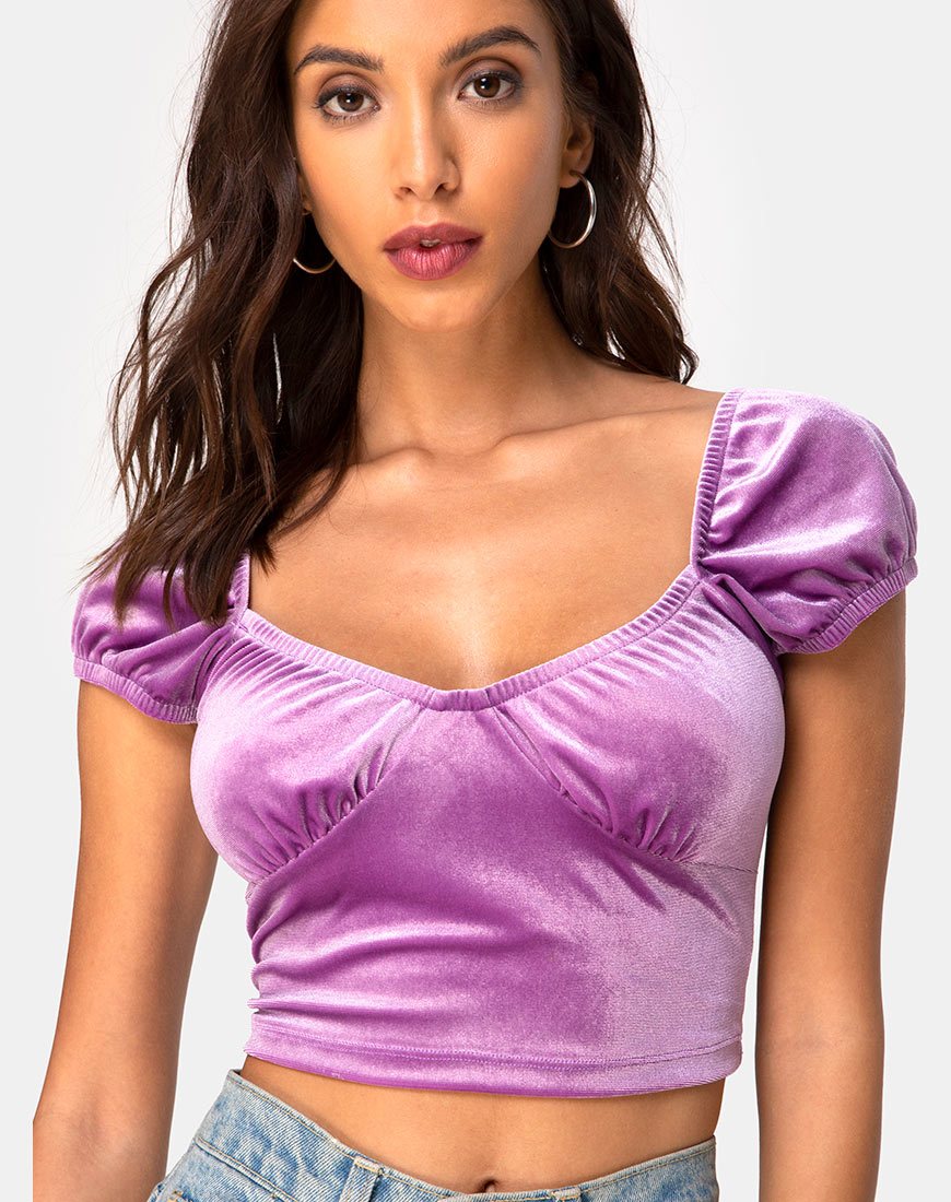 Glanzende top in fluweel-lila