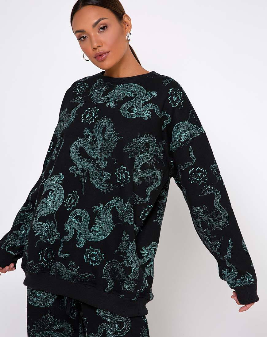 Glo Sweatshirt in Dragon Flower Zwart en Mint