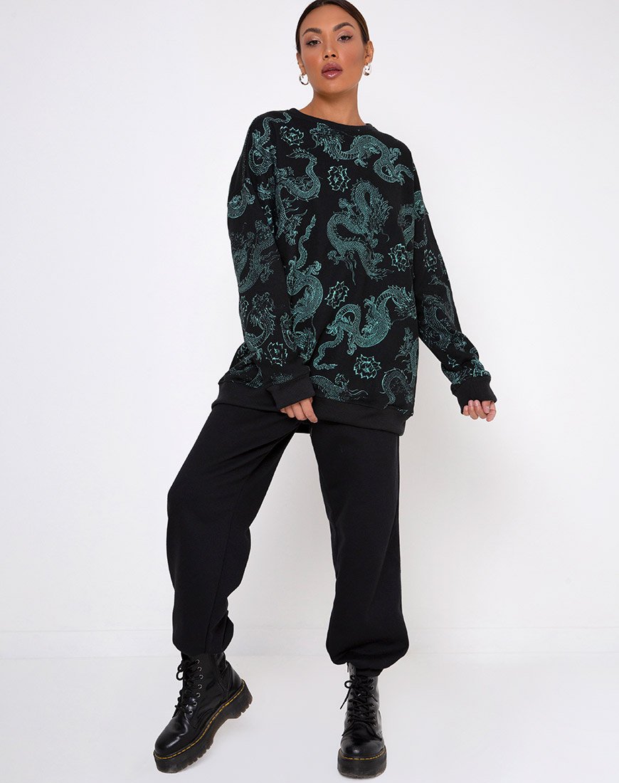 Afbeelding van Glo Sweatshirt in Dragon Flower Zwart en Mint