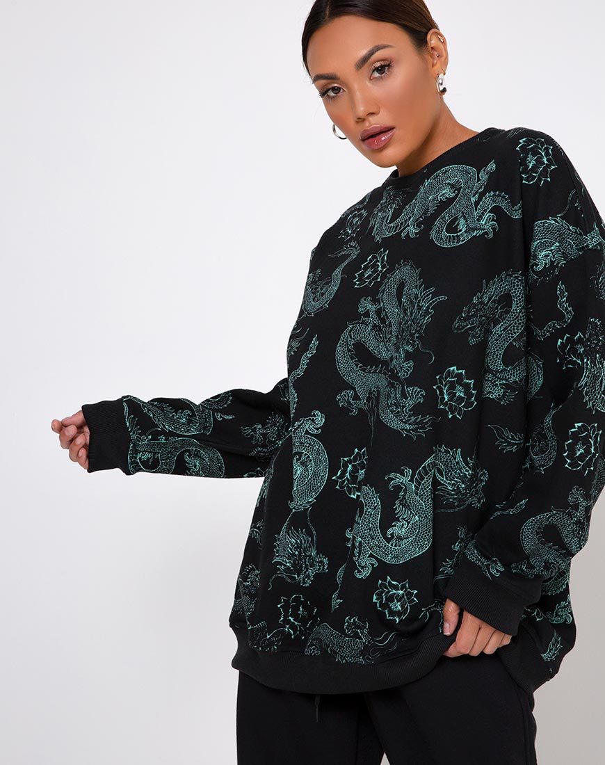Afbeelding van Glo Sweatshirt in Dragon Flower Zwart en Mint
