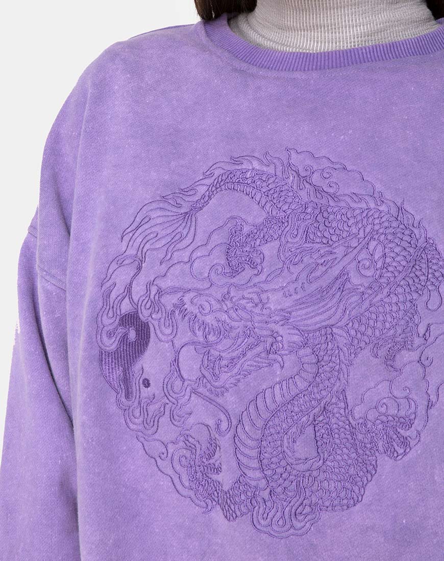 Afbeelding van Glo Sweatshirt in lila wassing met draak borduursel