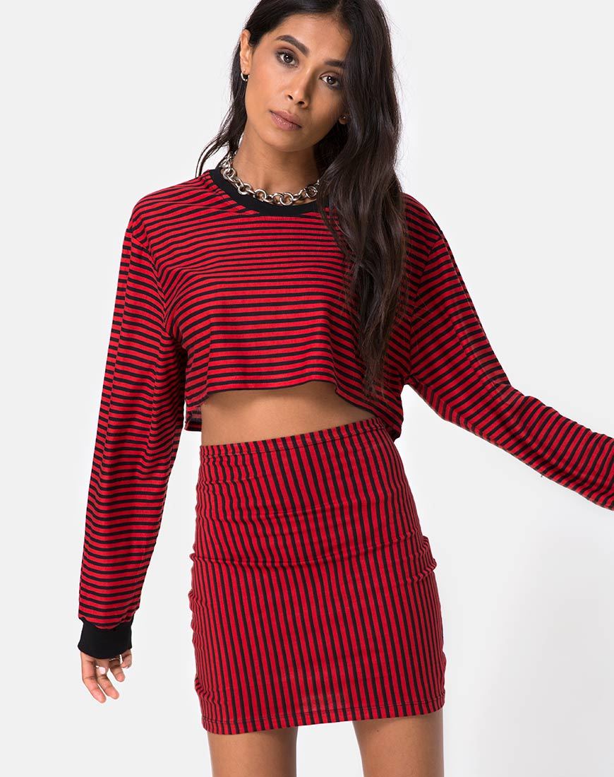 Afbeelding van Kimmy Bodycon Rok in Mini Stripe Rood en Zwart