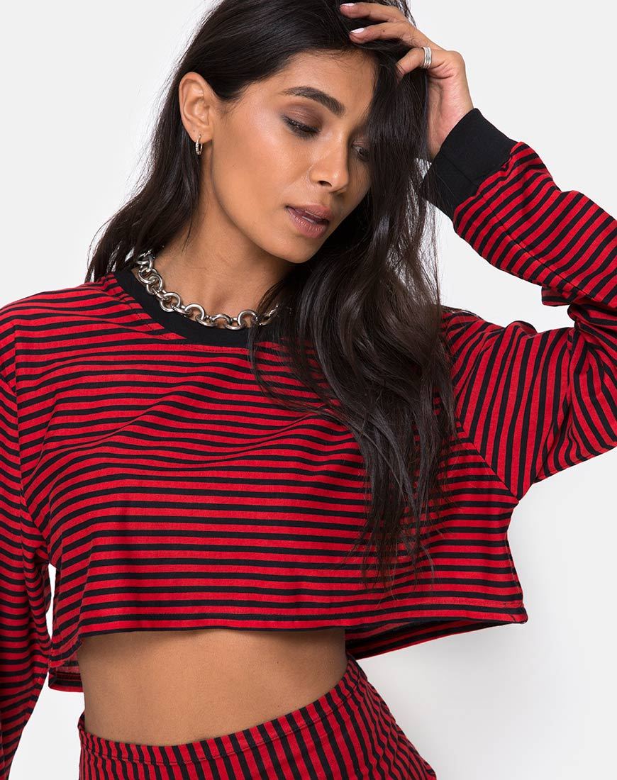 Afbeelding van Goce Crop Top in Mini Stripe Rood en Zwart