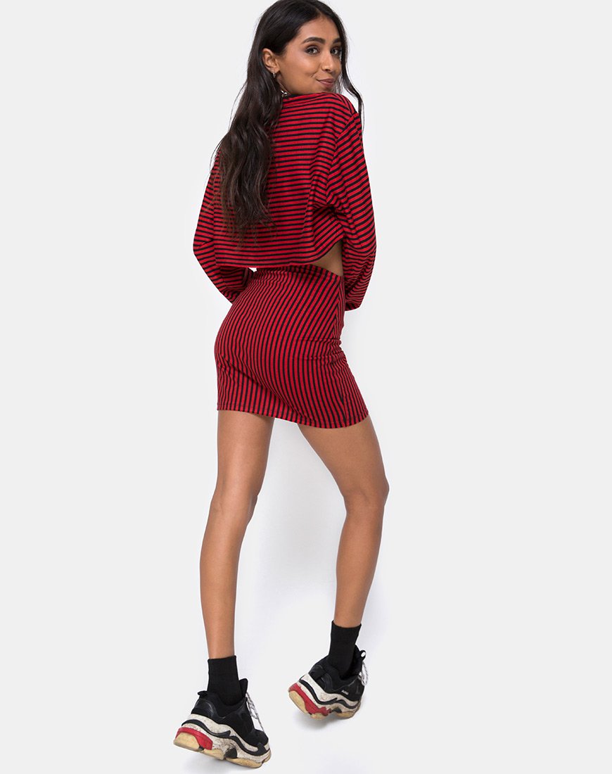Afbeelding van Kimmy Bodycon Rok in Mini Stripe Rood en Zwart