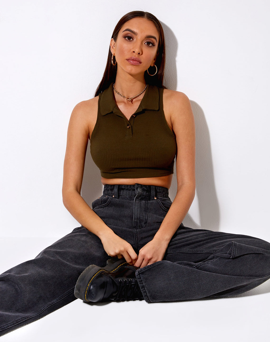 Guaco Gewatteerde Top in Rib Khaki